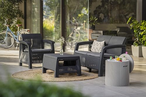 Keter GF06784 Corfu Outdoor 4 Seater Rattan Sofa Furniture Set with Accent Table - Graphite with Cream/Mushroom Cushions