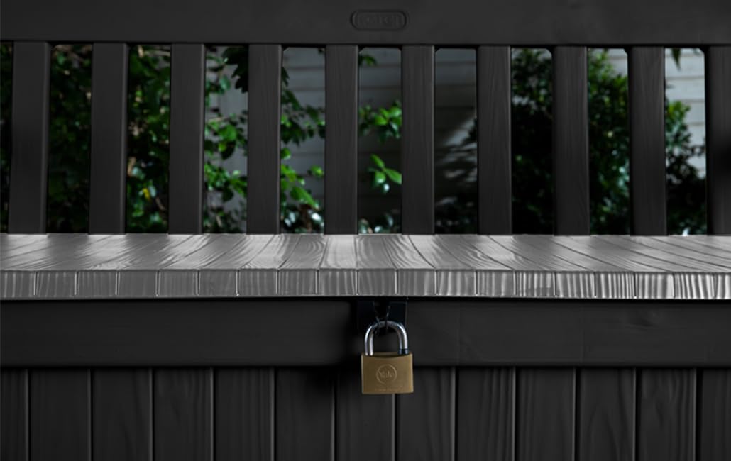 Keter Eden Bench 265L Outdoor 60% recycled Garden Furniture Storage Box Graphite & Light Grey | Fade Free | All Weather Resistant | Safe and Secure | Zero Maintenance | 2 year Warranty
