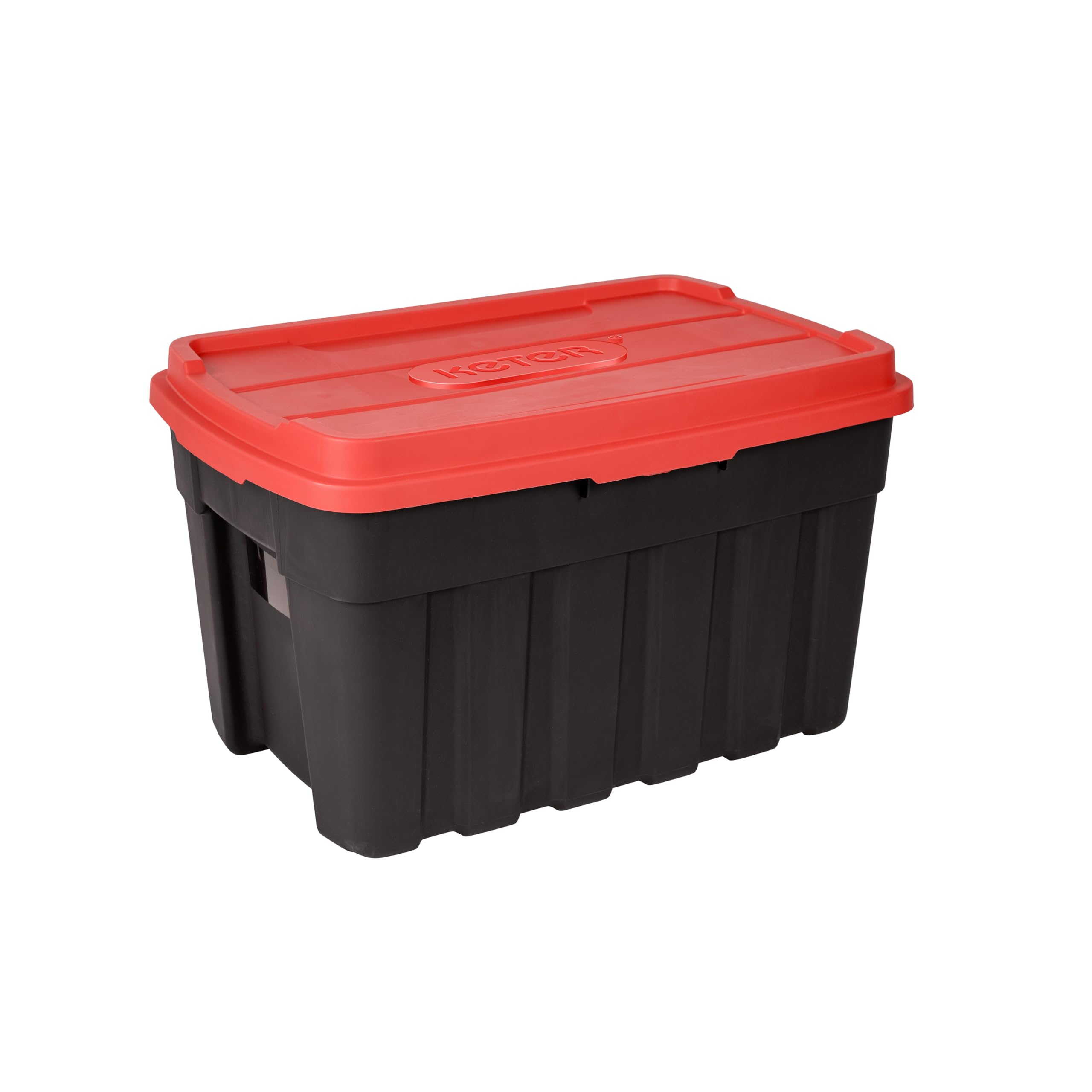 Keter Tuff Box 140L Storage Box with Lid, Durable, Water Resistant, Large Capacity, Stackable, Black/Red