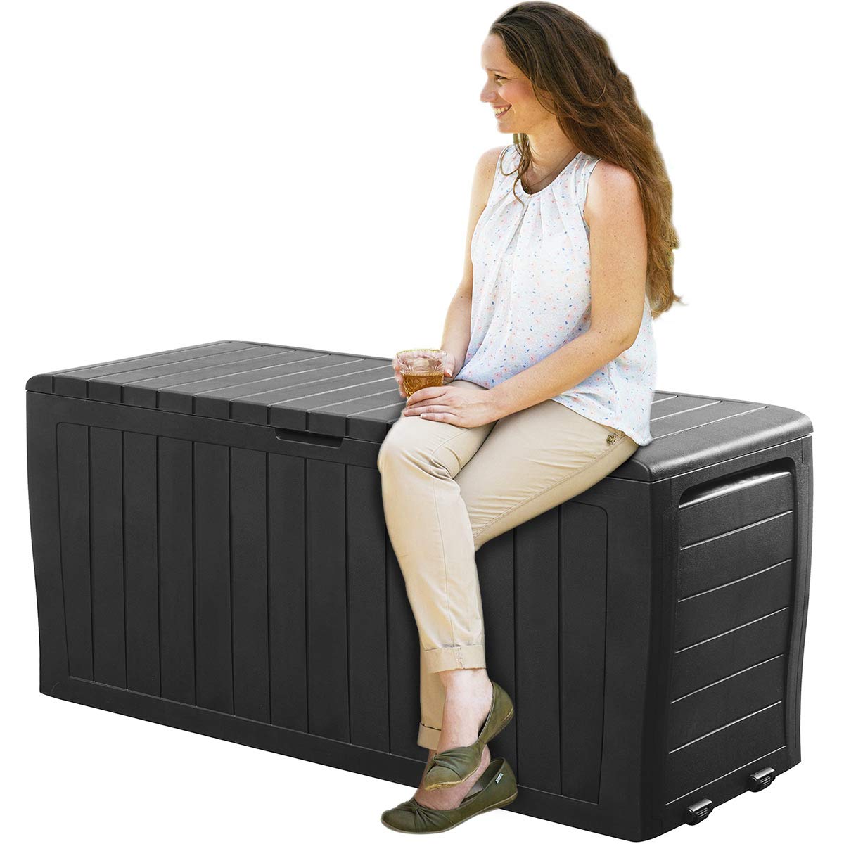 Deuba® Marvel+ Plus by KETER 270 Litre Outdoor 65% Recycled Garden Furniture Cushion Storage Box | Fade Free | Weather Resistant | Safe & Secure | Maintenance Free | Graphite Wood Effect Anthracite