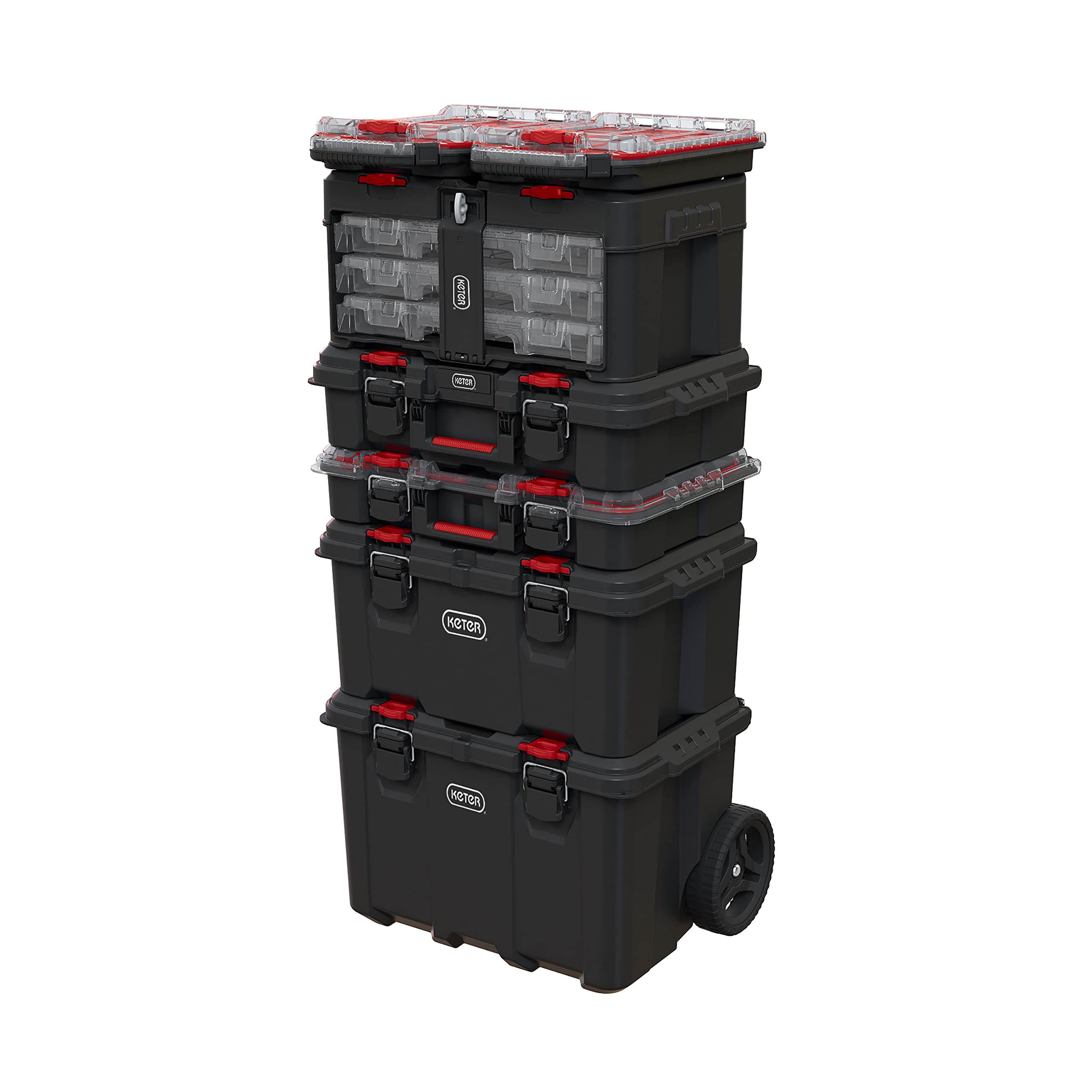 Keter Stack n' Roll Modular DIY 3 Organiser Set, Stackable, Lightweight, Durable, Water Resistant, Black