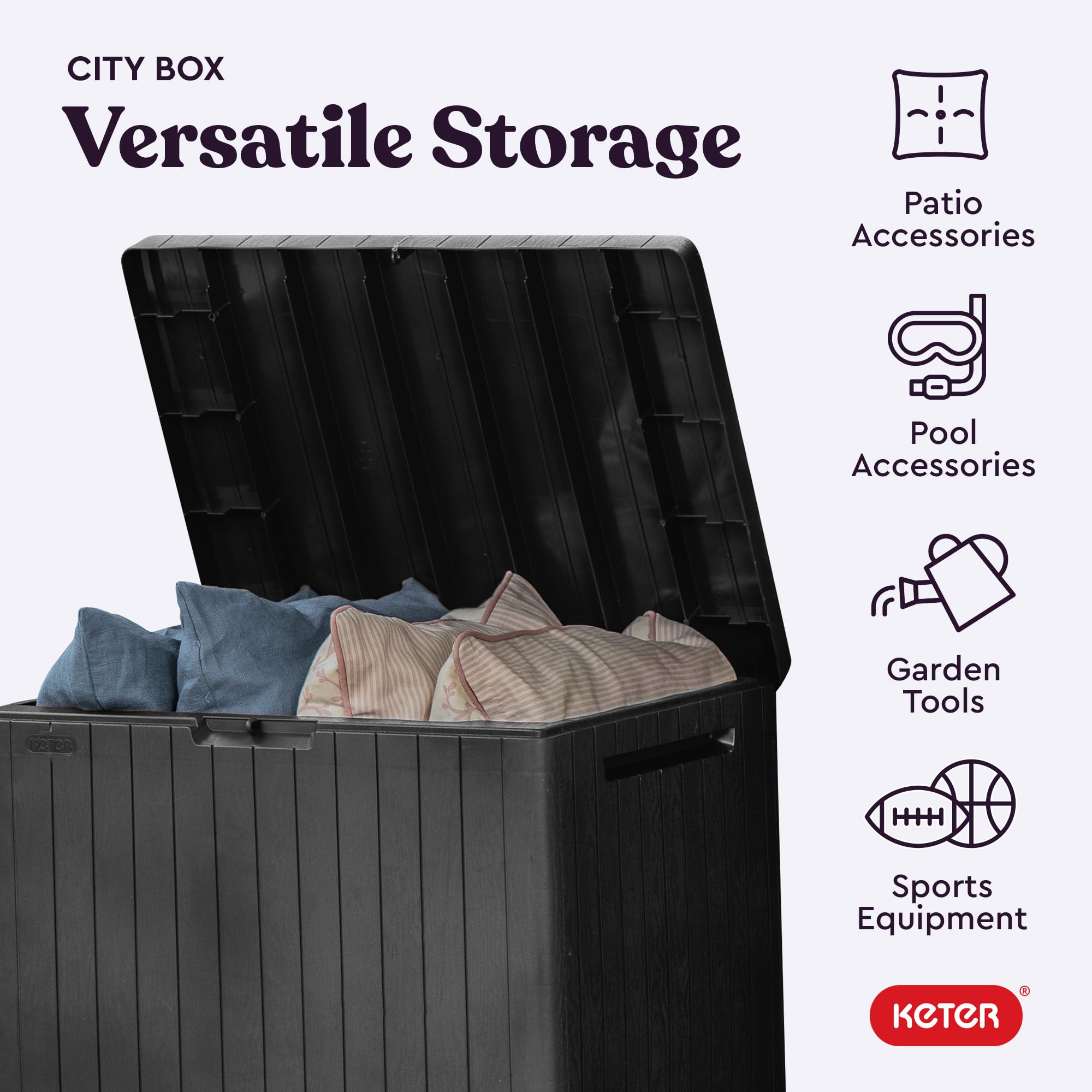 Keter City 30 Gallon Resin Outdoor Storage Box and Patio Furniture Side Table for Pool and Garden Accessories, Dark Grey