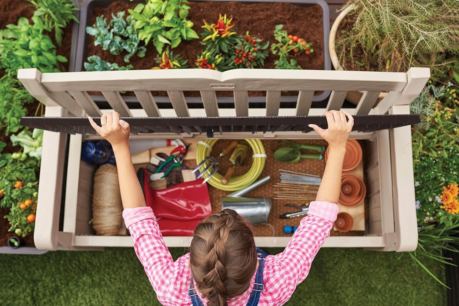 Keter Eden Bench 265L Outdoor 60% recycled Garden Furniture Storage Box Beige & Brown Wood Panel Effect | Fade Free | All Weather Resistant | Safe and Secure | Zero Maintenance | 2 year Warranty