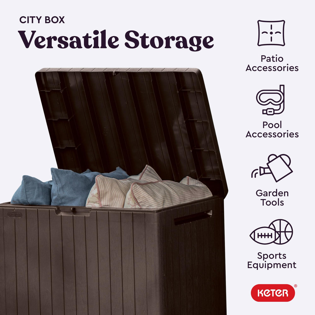 Keter City Brown Resin Deck Box Patio Furniture Pool Accessories and Outdoor Toy Storage