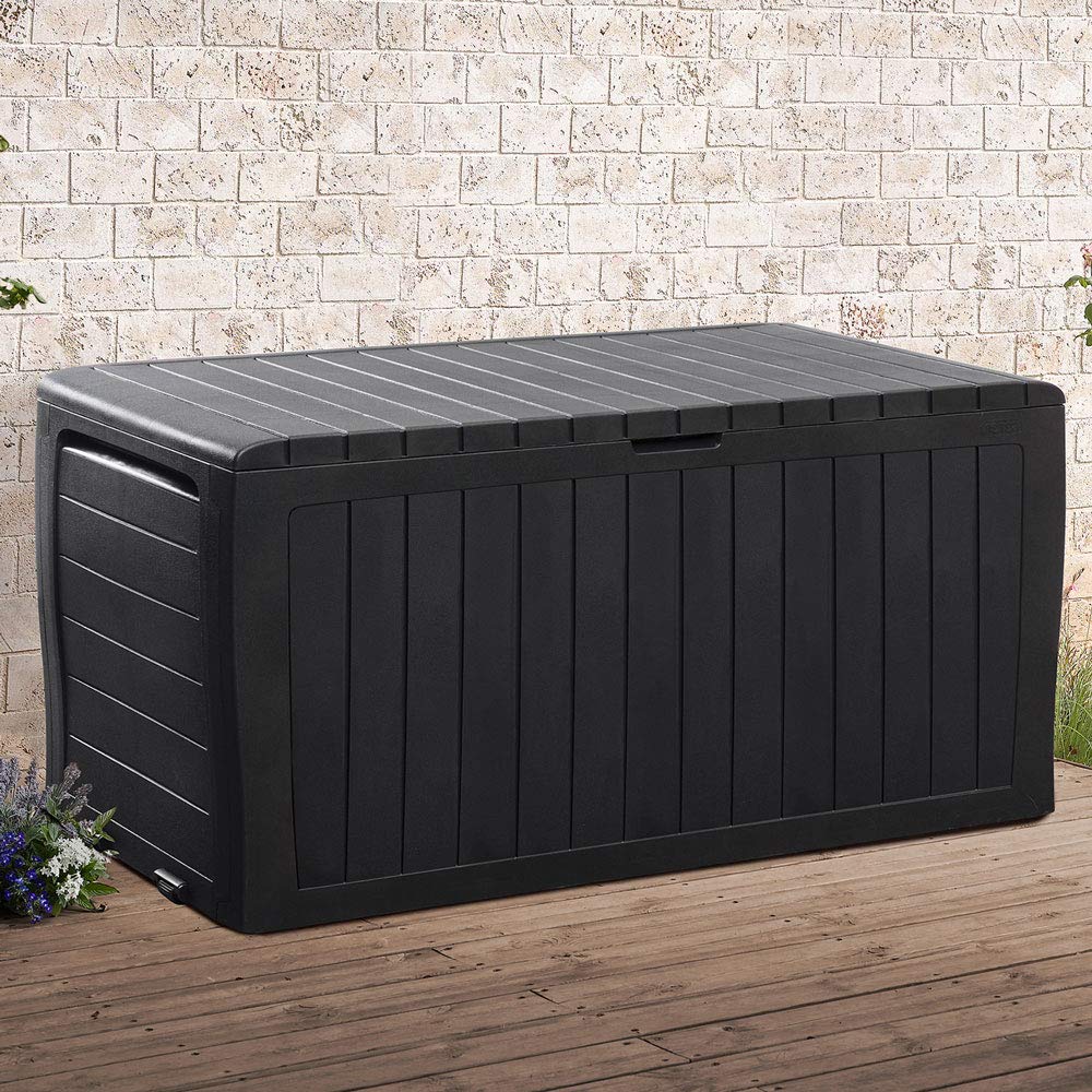 Deuba® Marvel+ Plus by KETER 270 Litre Outdoor 65% Recycled Garden Furniture Cushion Storage Box | Fade Free | Weather Resistant | Safe & Secure | Maintenance Free | Graphite Wood Effect Anthracite