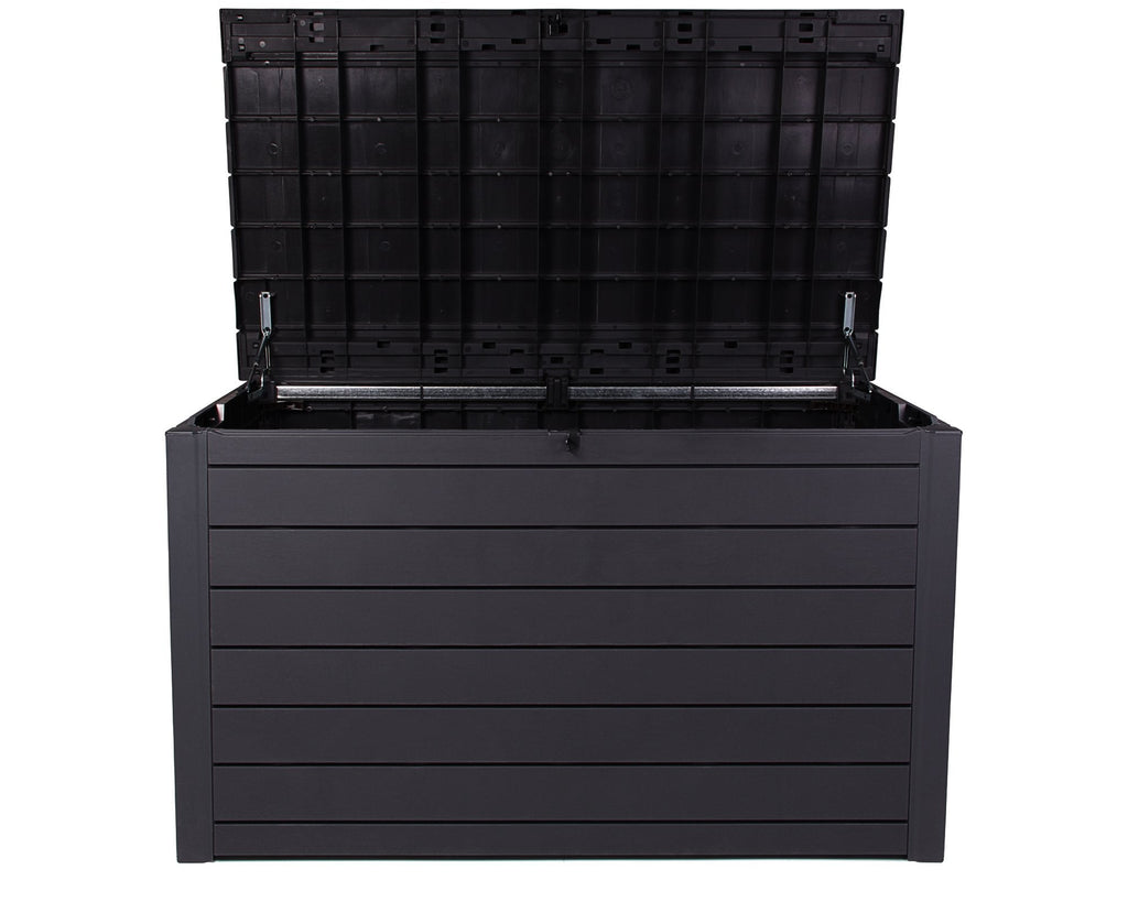 Keter Ontario XXL Cushion Box, Storage Box, Anthracite, 870 Litres, Wood Look with Gas Pressure Springs, Approx. 146 x 82 x 86 (H) cm
