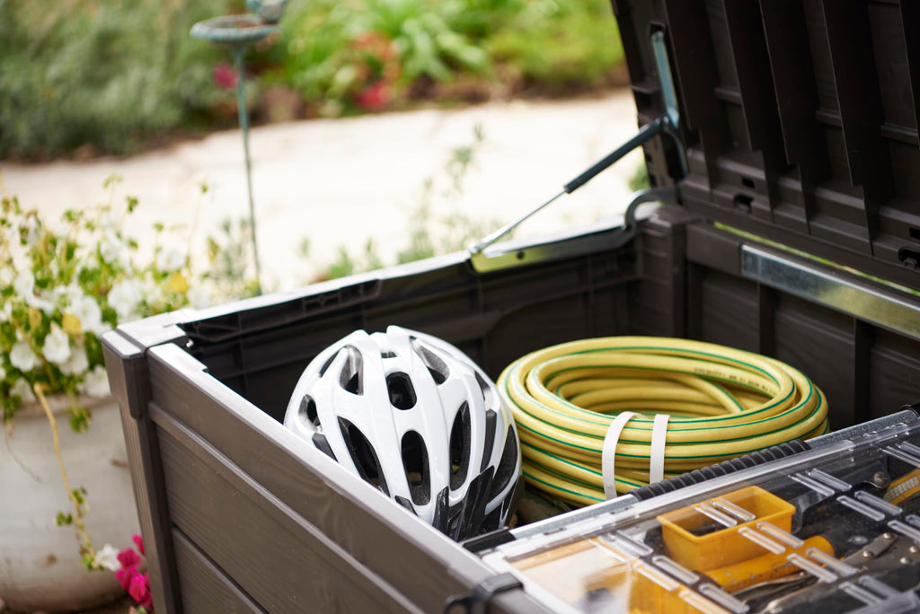 Keter Brightwood 454L Outdoor 60% recycled Garden Furniture Storage Box Brown Wood Panel Effect Fade Free All Weather Resistant Safe and Secure Zero Maintenance 2 year Warranty