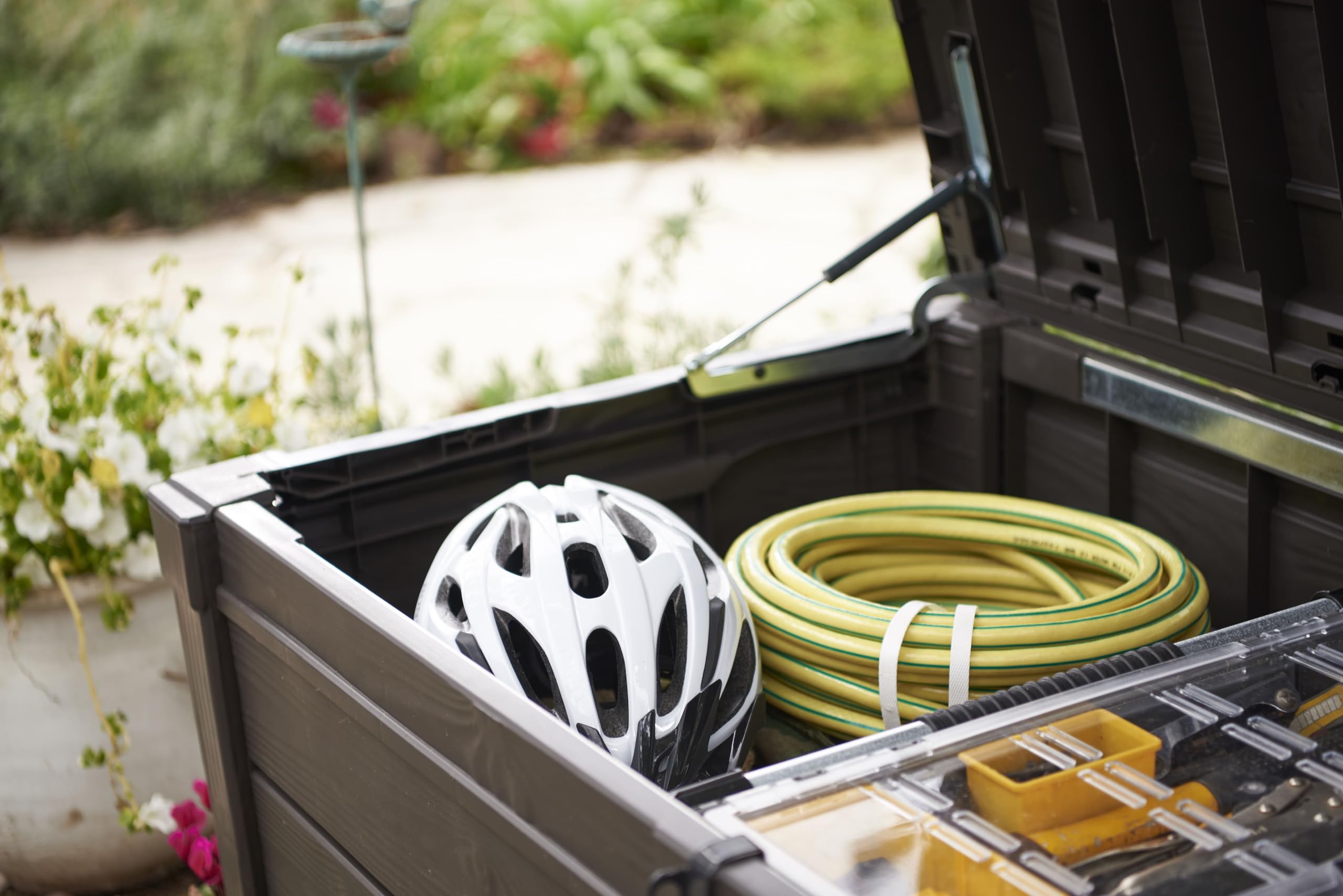 Keter Brightwood 454L Outdoor 60% recycled Garden Furniture Storage Box Brown Wood Panel Effect Fade Free All Weather Resistant Safe and Secure Zero Maintenance 2 year Warranty