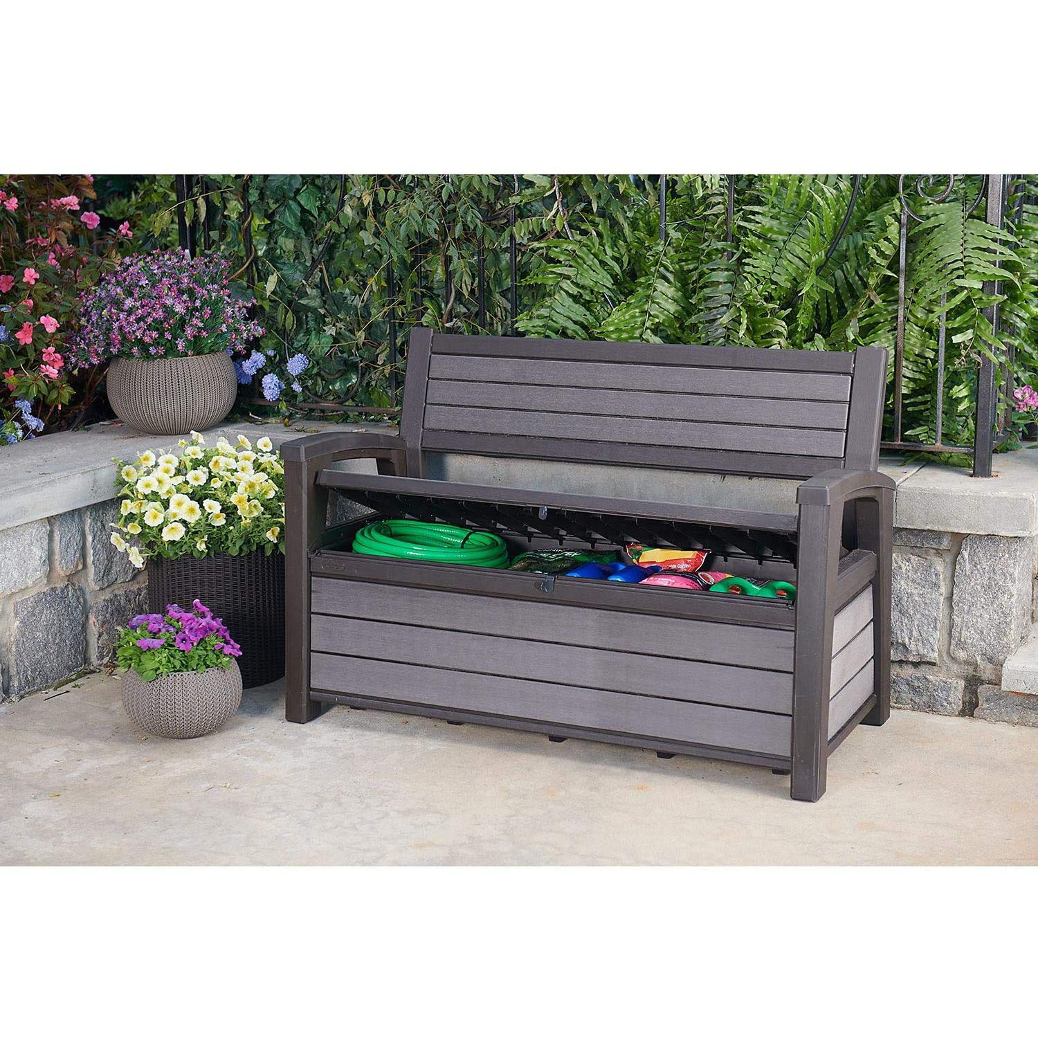 Keter Hudson 60 Gallon Capacity Plastic Resin Weather Resistant Outdoor Home Backyard Storage Bench/Deck Box Chest Patio Furniture, Gray
