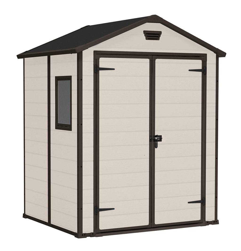 Keter Manor Outdoor Apex Double Door Garden Storage Shed 6 x 5ft Beige Brown Wood effect | Fade Free | All Weather Resistant | Safe and Secure | Zero Maintenance | 15 year Warranty
