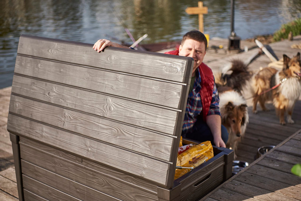 Keter Brightwood 454L Outdoor 60% recycled Garden Furniture Storage Box Brown Wood Panel Effect Fade Free All Weather Resistant Safe and Secure Zero Maintenance 2 year Warranty