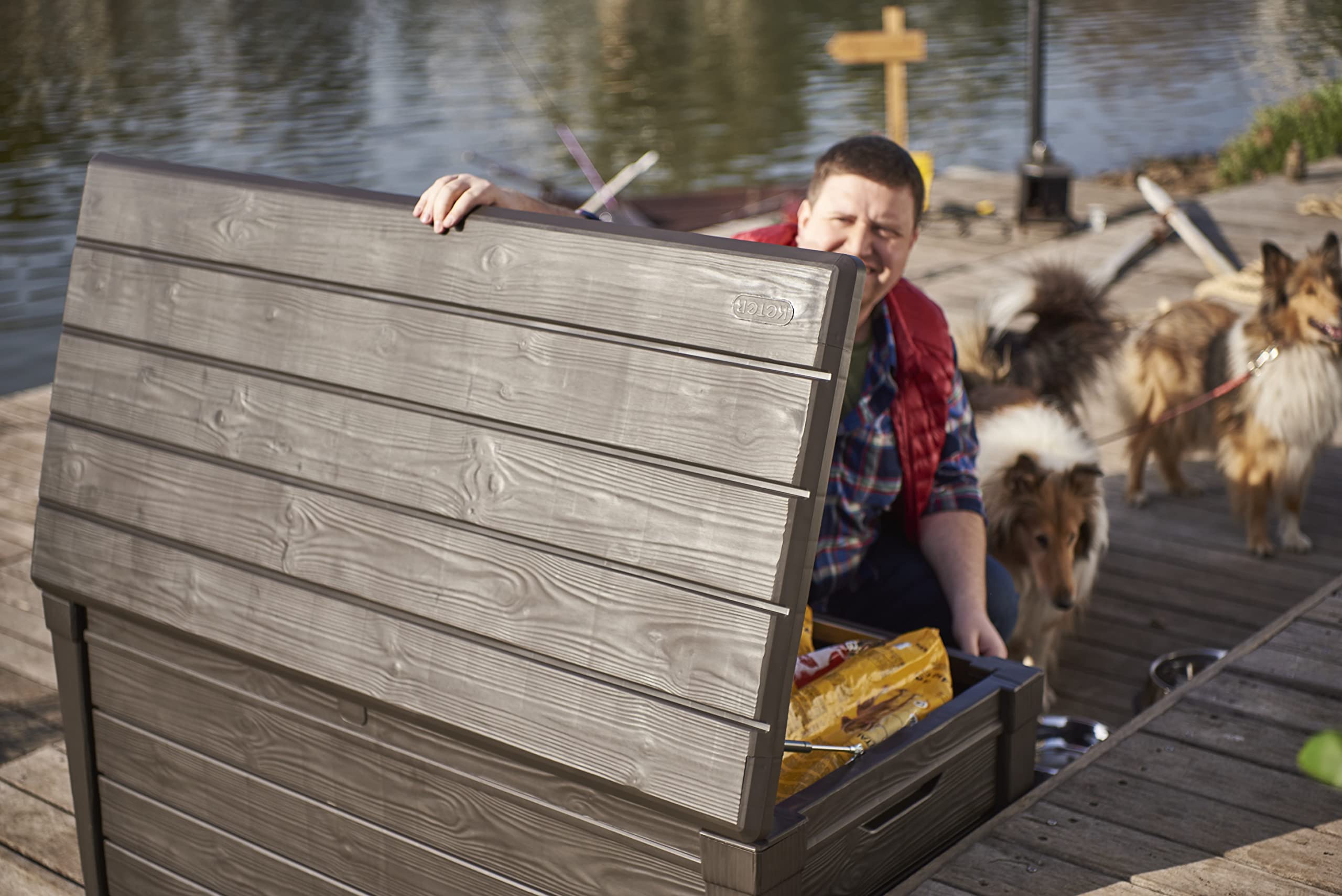 Keter Brightwood 454L Outdoor 60% recycled Garden Furniture Storage Box Brown Wood Panel Effect Fade Free All Weather Resistant Safe and Secure Zero Maintenance 2 year Warranty