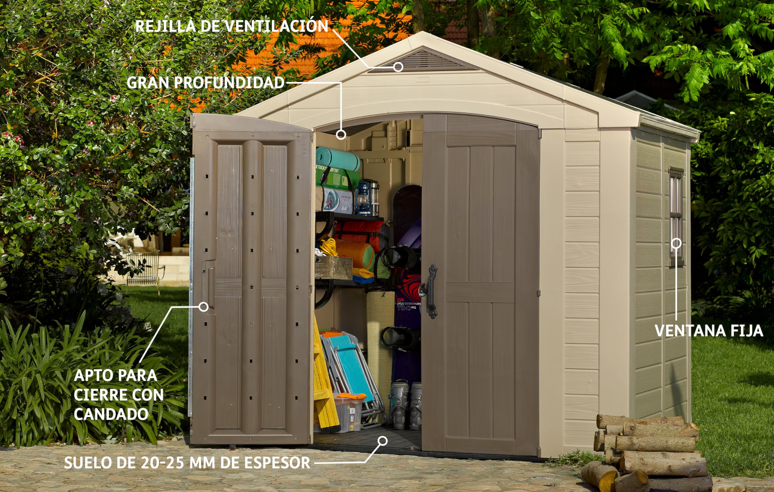 Keter Factor Outdoor Plastic Garden Storage Shed, Beige, 8 x 8 ft