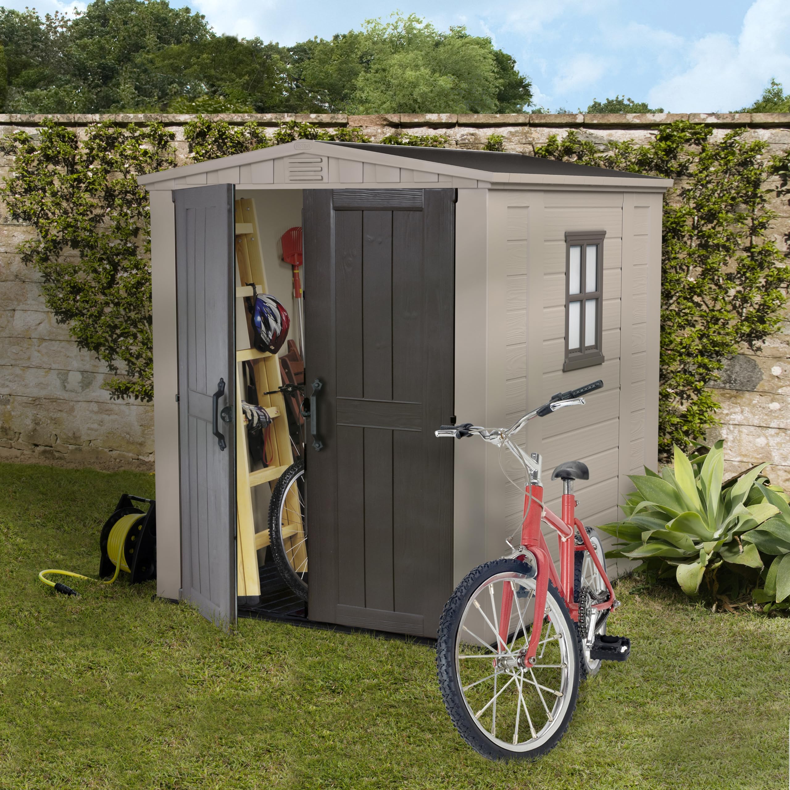 Keter Factor Outdoor Apex Double Door Garden Storage Shed 6 x 6ft Beige Brown Wood effect | Fade Free | All Weather Resistant | Safe and Secure | Zero Maintenance | 15 year Warranty