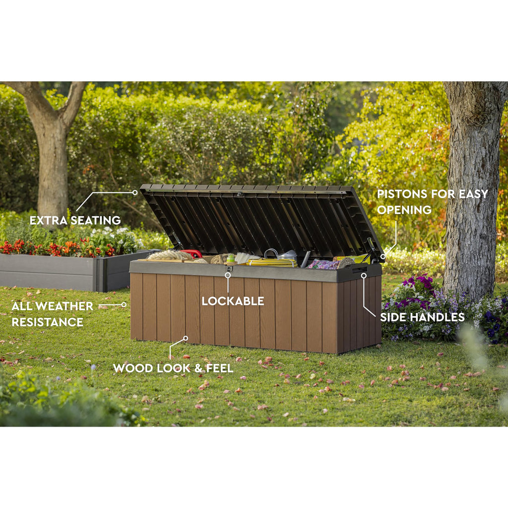 Keter Darwin 380L Outdoor Garden Furniture Storage Box Brown Evotech+ Wood Look and Feel | Fade Free | All Weather Resistant | Safe and Secure | Zero Maintenance | 2 year Warranty
