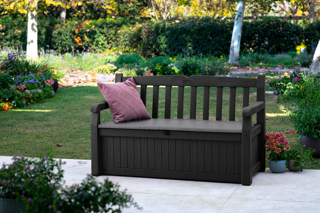 Keter Eden Bench 265L Outdoor 60% recycled Garden Furniture Storage Box Graphite & Light Grey | Fade Free | All Weather Resistant | Safe and Secure | Zero Maintenance | 2 year Warranty