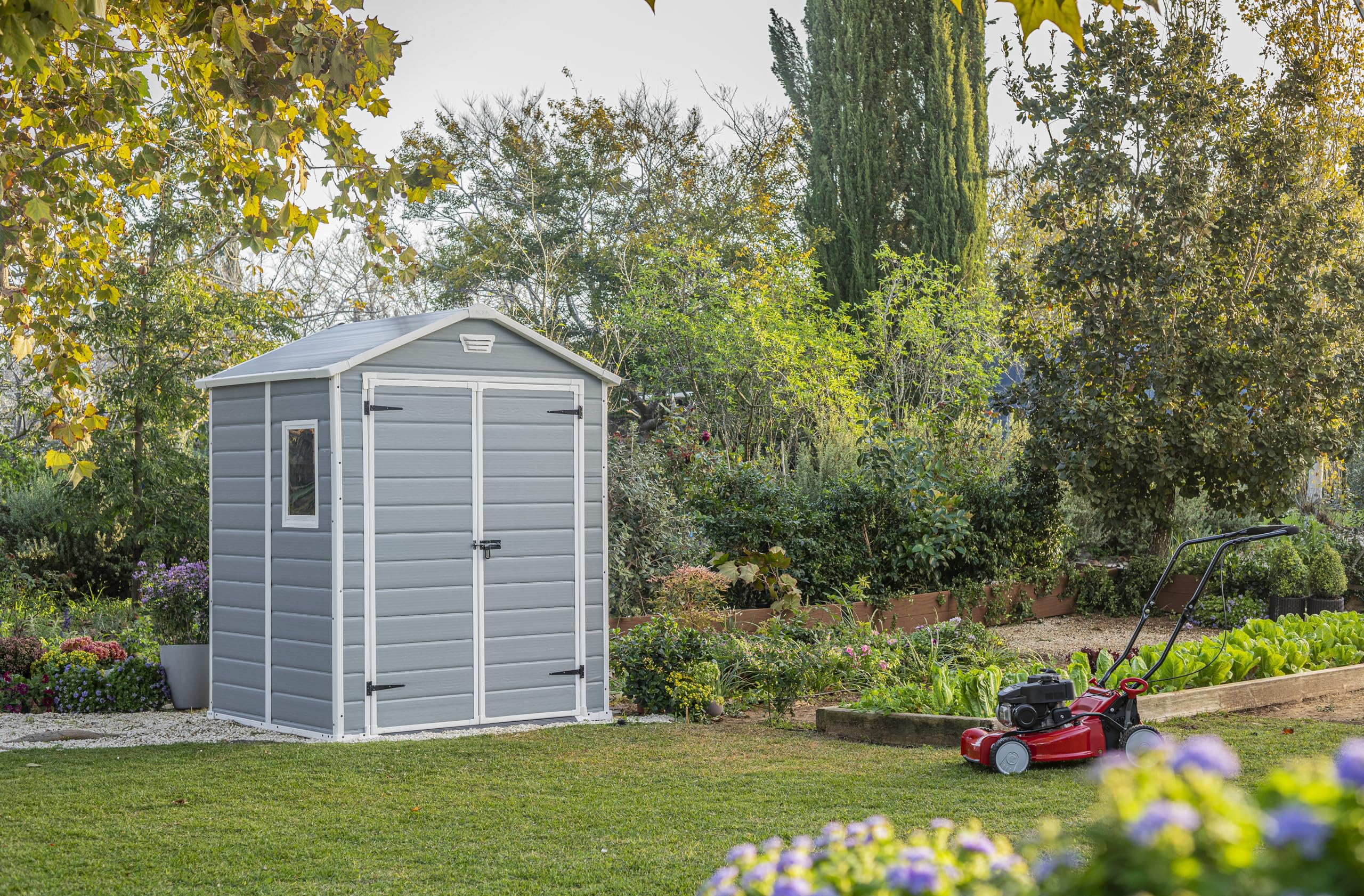Keter Manor Outdoor Plastic Garden Storage Shed, Grey, 6 x 5 ft